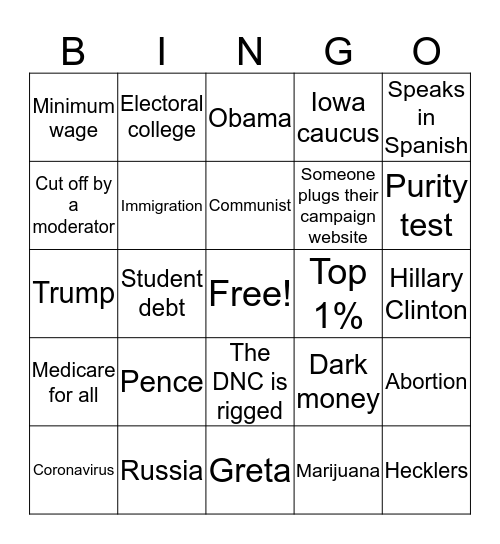 Democratic Debate Bingo Card