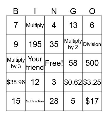 Word Problems Bingo Card