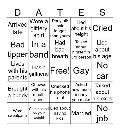 Bad Dates Bingo Card