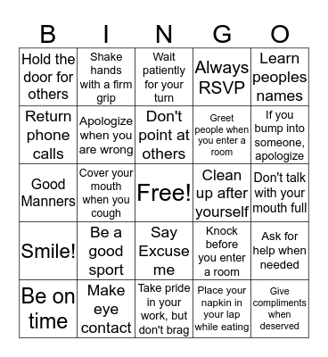 Personal Etiquette Bingo Card