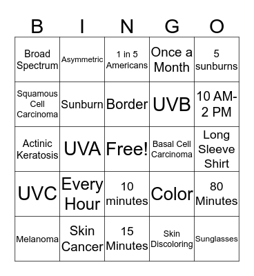 Sun Safety Bingo Card
