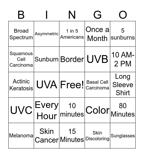 Sun Safety Bingo Card