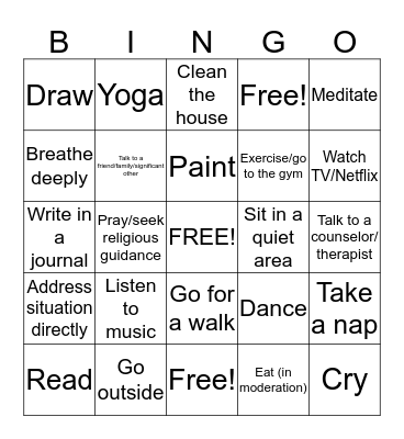 Coping Skills Bingo Card