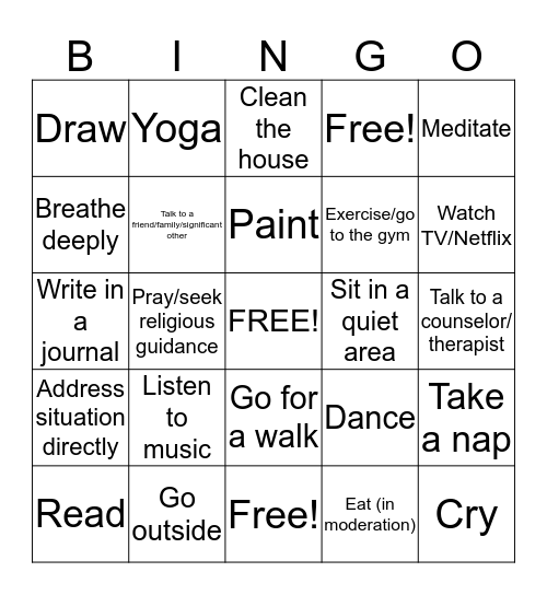 Coping Skills Bingo Card