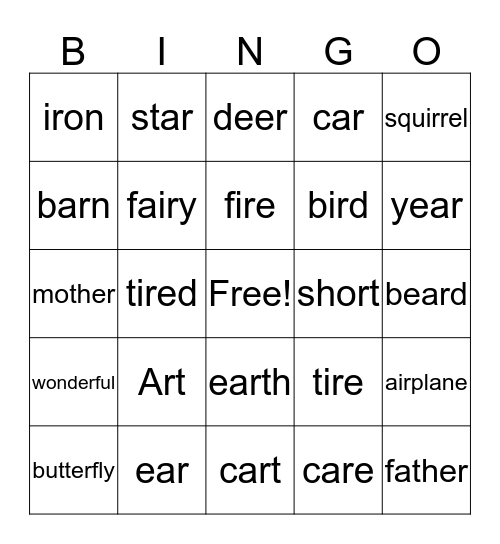 Vocalic R Bingo Card