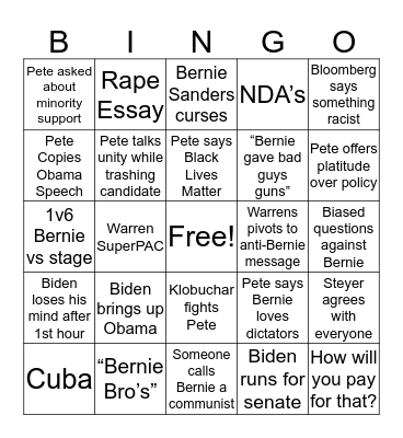 South Carolina Democratic Debate Bingo Card