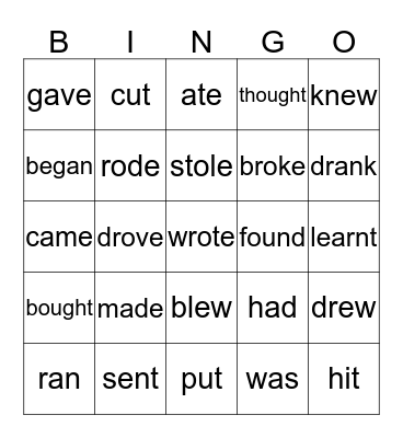 irregular verbs Bingo Card