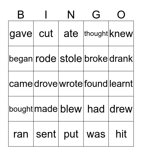 irregular verbs Bingo Card