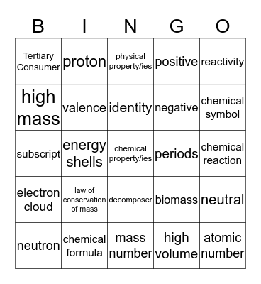 Matter and Energy Bingo Card