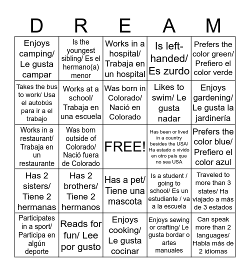 Find someone who. . ./ Encuentra alguien que. . . Bingo Card