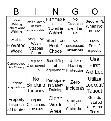 Safety Bingo- Mechanics Bingo Card