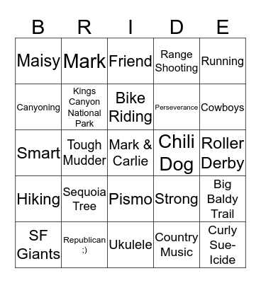 Carlie's Bridal Shower! Bingo Card