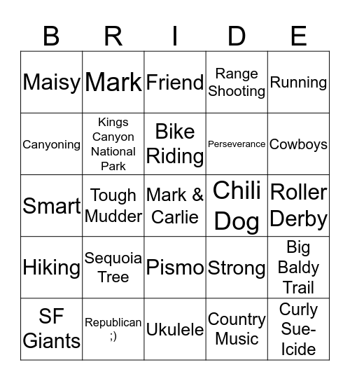 Carlie's Bridal Shower! Bingo Card