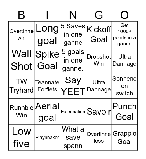 Rocket League Bingo Card