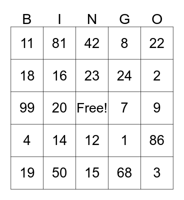 Test Card Bingo Card