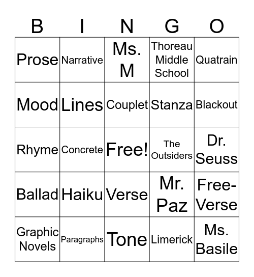 Poetry Bingo Card