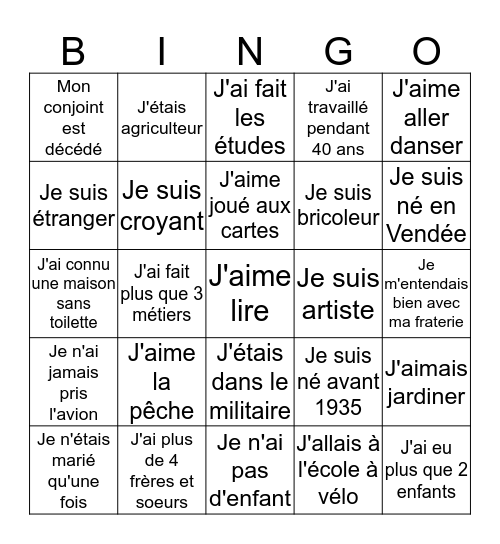 BINGO Maison de Retraite Bingo Card