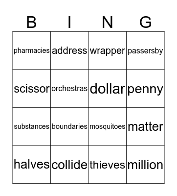 BN Spelling List 20 Bingo Card