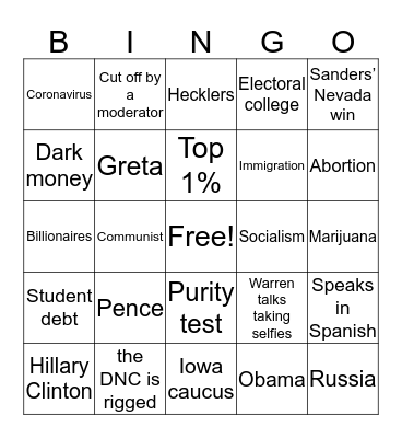 2/25/20 DEM DEBATE BINGO Card