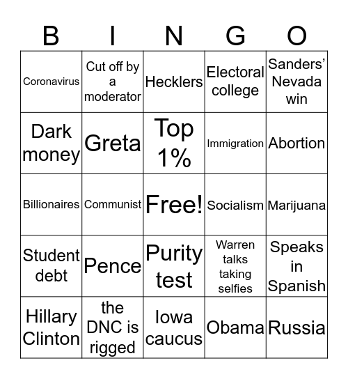 2/25/20 DEM DEBATE BINGO Card