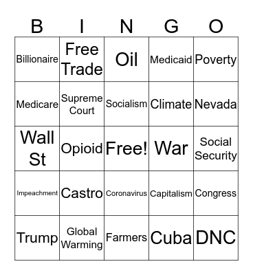 Democratic Debate Bingo Card