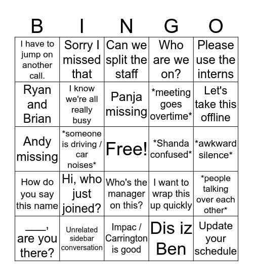 Scheduling Call Bingo Card