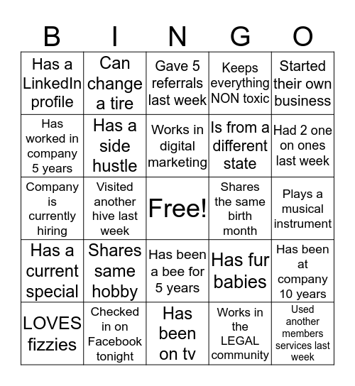 Queen Bee BINGO Card