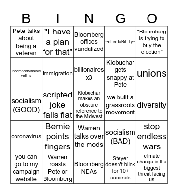 Democratic Debate 10 BINGO!! Bingo Card