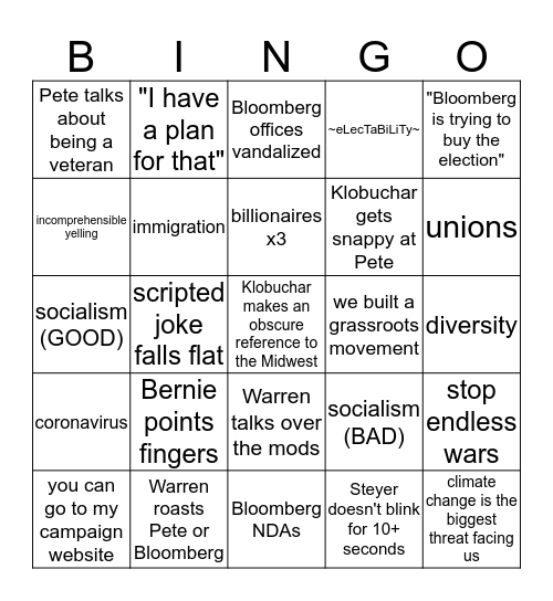 Democratic Debate 10 BINGO!! Bingo Card