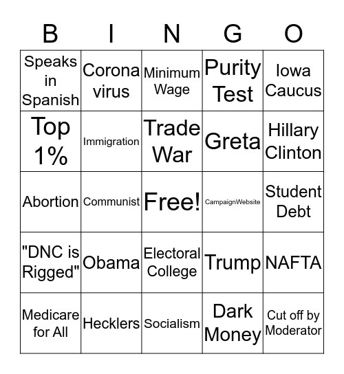 Democratic Debate Bingo Card