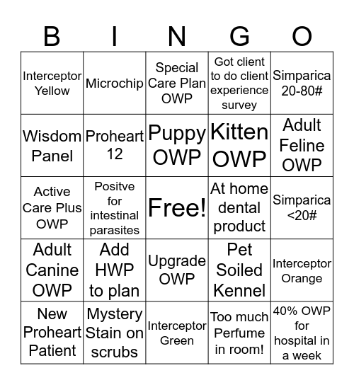 Preventative Care/OWP Bingo Card