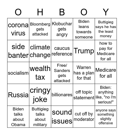 Democratic Debate Feb. 25th 2020 Bingo Card