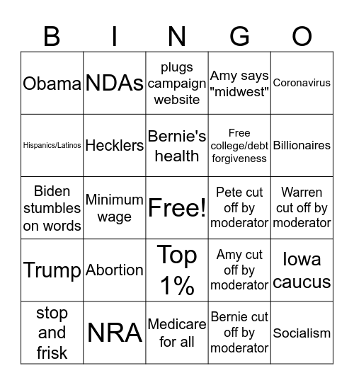 2/25/25 Dem Debate Bingo Card