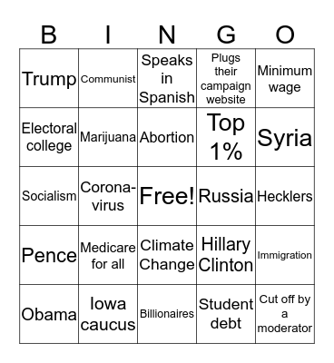 DNC Debate Feb 25th 2020 Bingo Card
