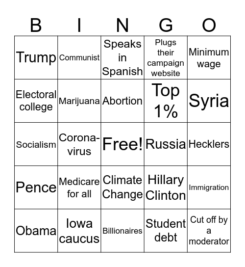 DNC Debate Feb 25th 2020 Bingo Card
