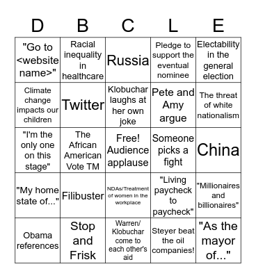 Feb 25 Debate Debacle Bingo Card
