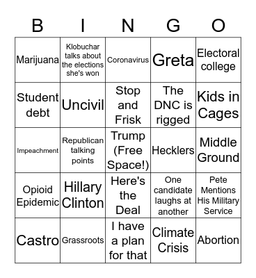 Democratic Debate Bingo Card