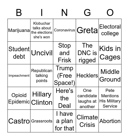 Democratic Debate Bingo Card