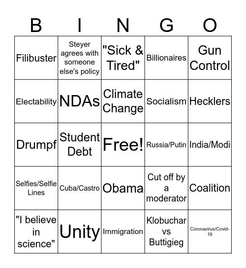 SC Dem Debate Bingo Card