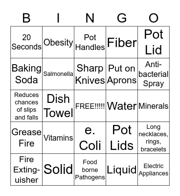 Foods, Kitchen Safety and Sanitation Bingo Card