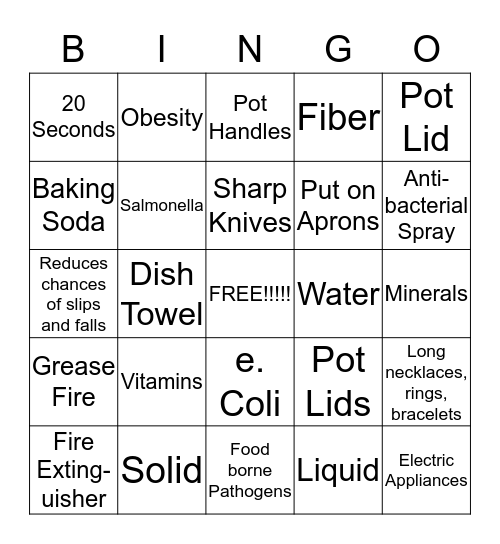 Foods, Kitchen Safety and Sanitation Bingo Card