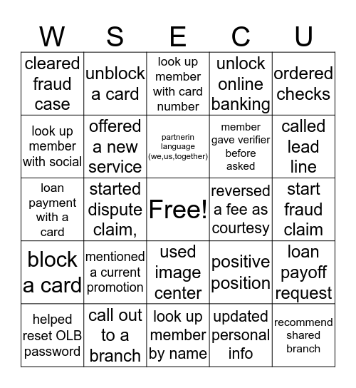 WSECU-OP BINGO Card