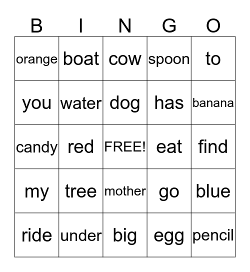 Edmark Words Bingo Card