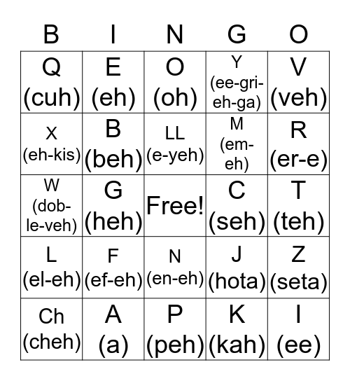 Spanish Alphabet Bingo Card