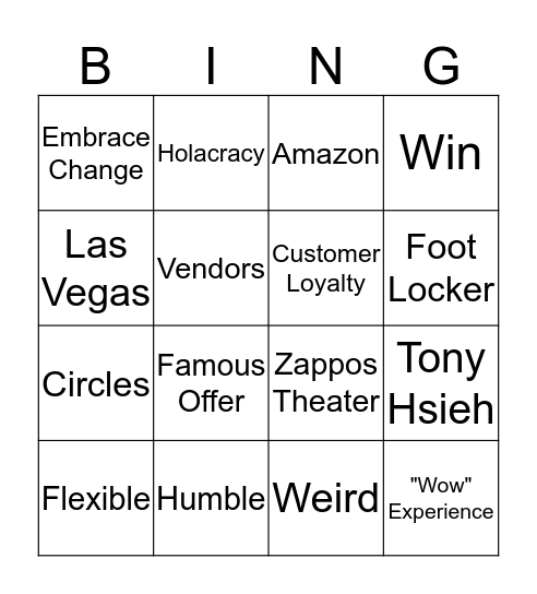 Zappos.com! Bingo Card