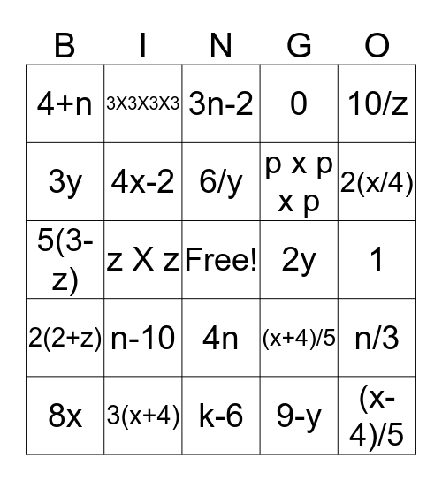 Translate Mathematical Expressions Bingo Card
