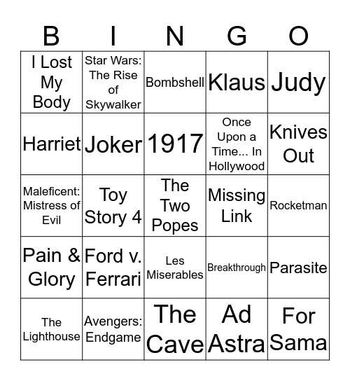 2019 OSCAR MOVIE BINGO Card