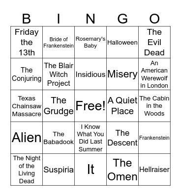 CLASSIC HORROR MOVIE BINGO Card