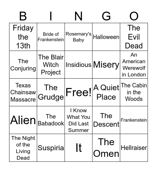 CLASSIC HORROR MOVIE BINGO Card