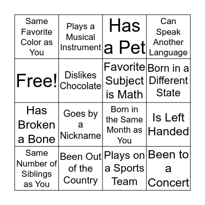 Getting To Know You Bingo Card